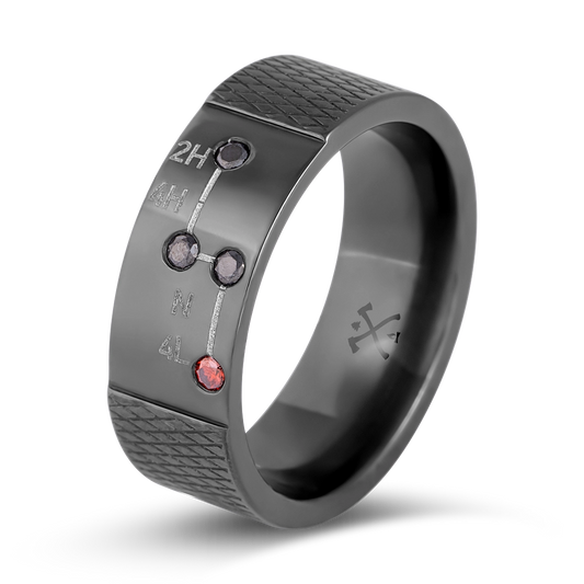 The 4-Low black zirconium ring engraved with a 4WD shift pattern, three black diamonds and a red diamond at 4L
