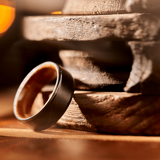 Black Zirconium (charcoal gray color) with Jack Daniel's Whiskey Barrel - Men's Wedding Rings - Manly Bands
