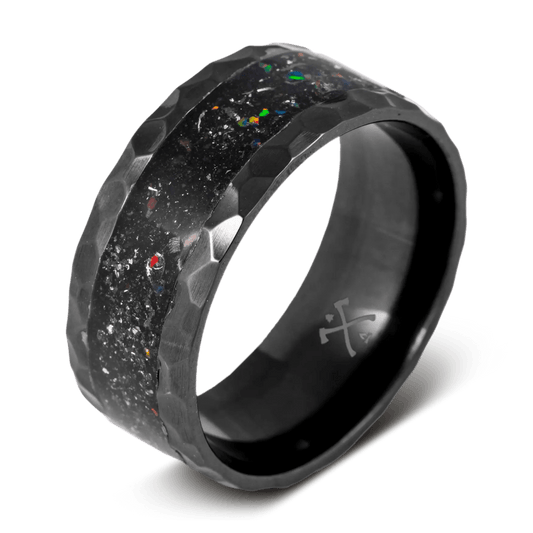The galactic raptor black ring for men made with black zirconium, dinosaur bone, meteorite, and space titanium opal