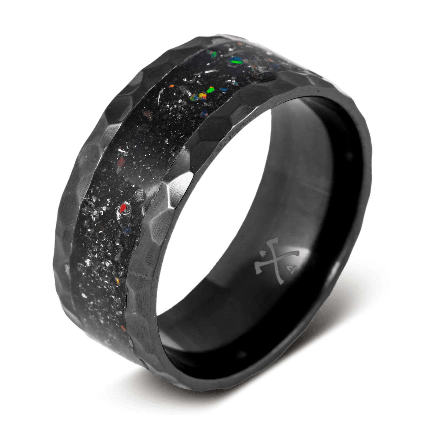 The galactic raptor black ring for men made with black zirconium, dinosaur bone, meteorite, and space titanium opal