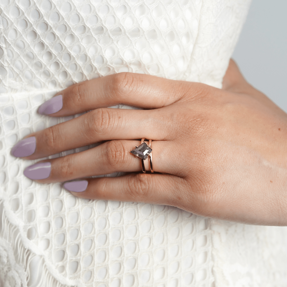 Woman wearing a Solid Gold with Kite cut salt and pepper stone Wedding Ring with tracer - Manly Bands